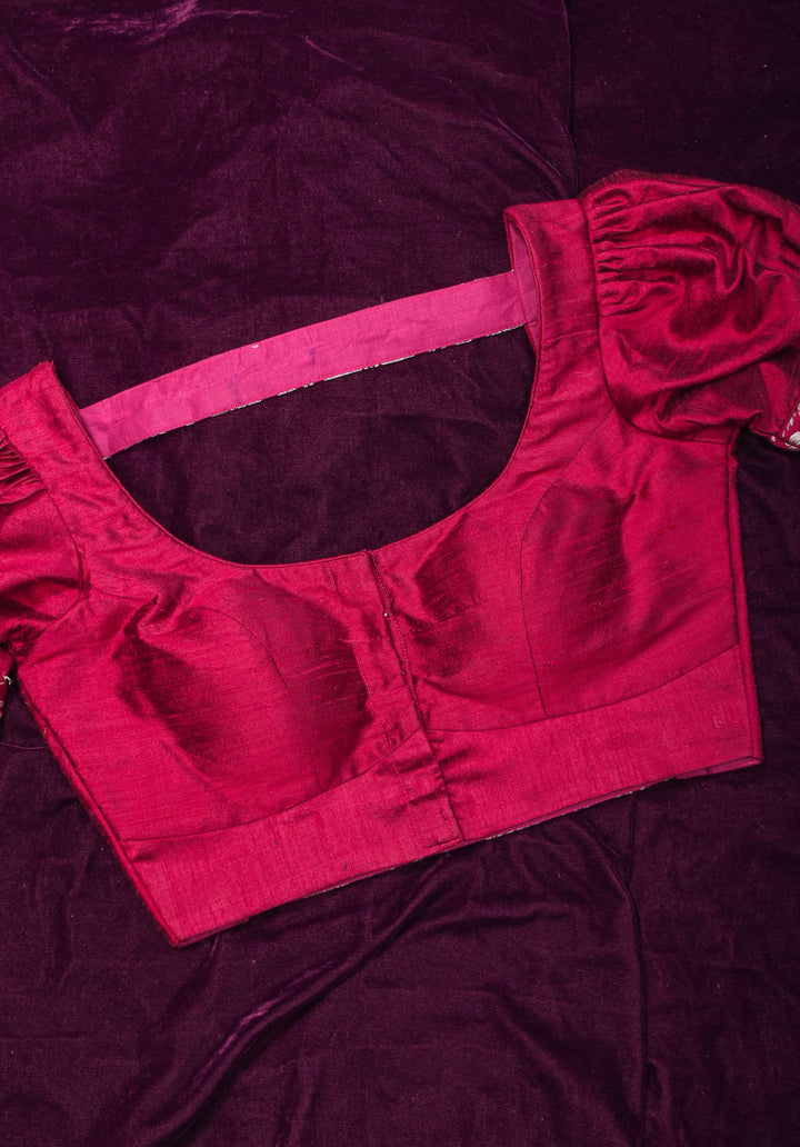 Made To Order: Magenta Pure Raw Silk Blouse with Puff Sleeves and Banarasi Brocade Detailing