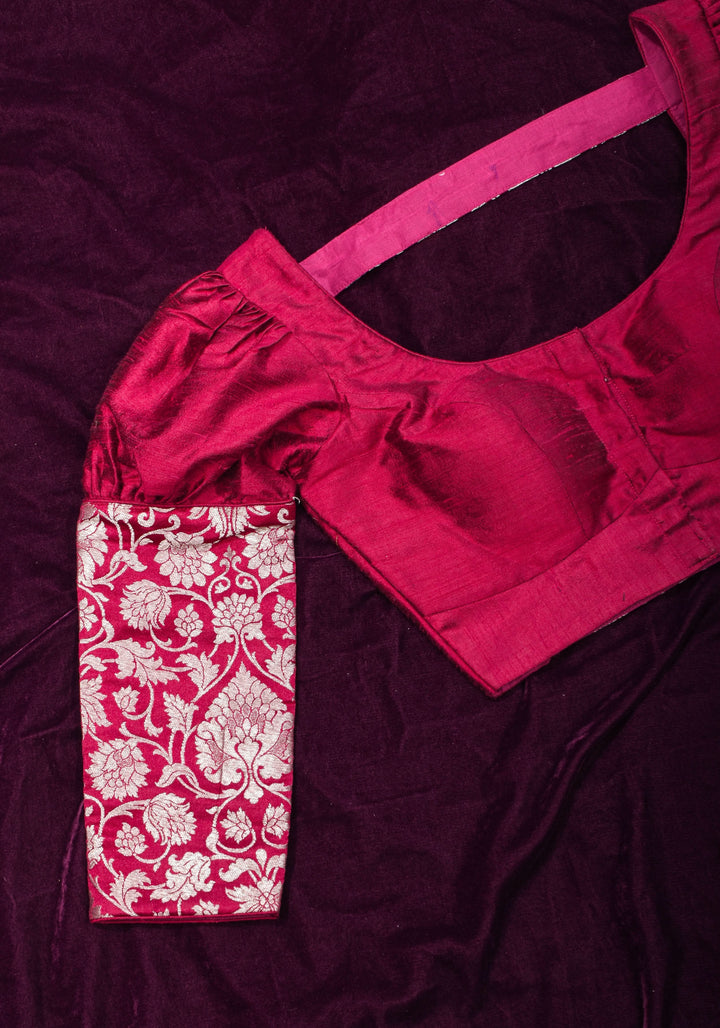 Made To Order: Magenta Pure Raw Silk Blouse with Puff Sleeves and Banarasi Brocade Detailing