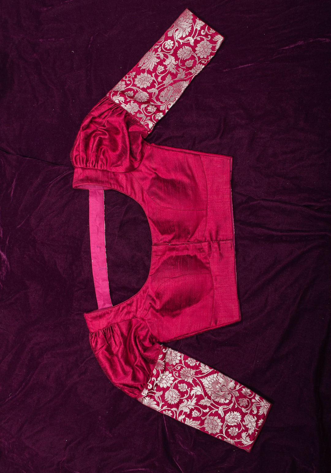 Made To Order: Magenta Pure Raw Silk Blouse with Puff Sleeves and Banarasi Brocade Detailing