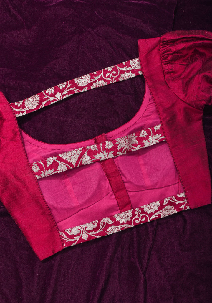 Made To Order: Magenta Pure Raw Silk Blouse with Puff Sleeves and Banarasi Brocade Detailing