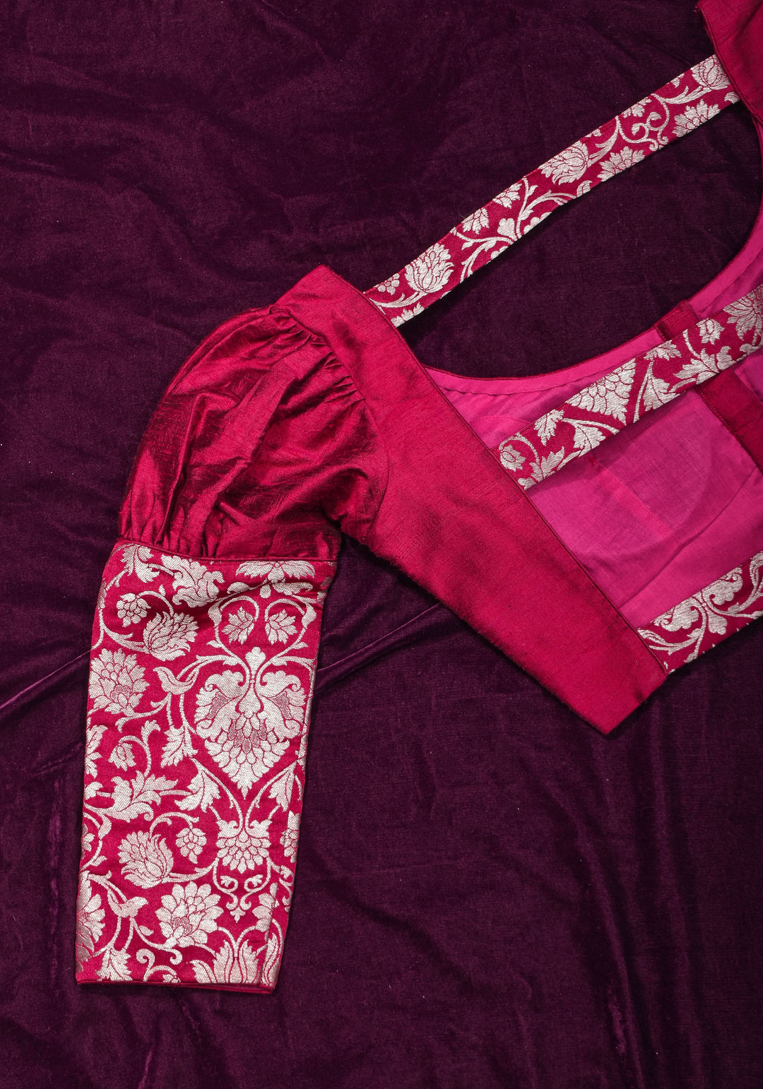 Made To Order: Magenta Pure Raw Silk Blouse with Puff Sleeves and Banarasi Brocade Detailing