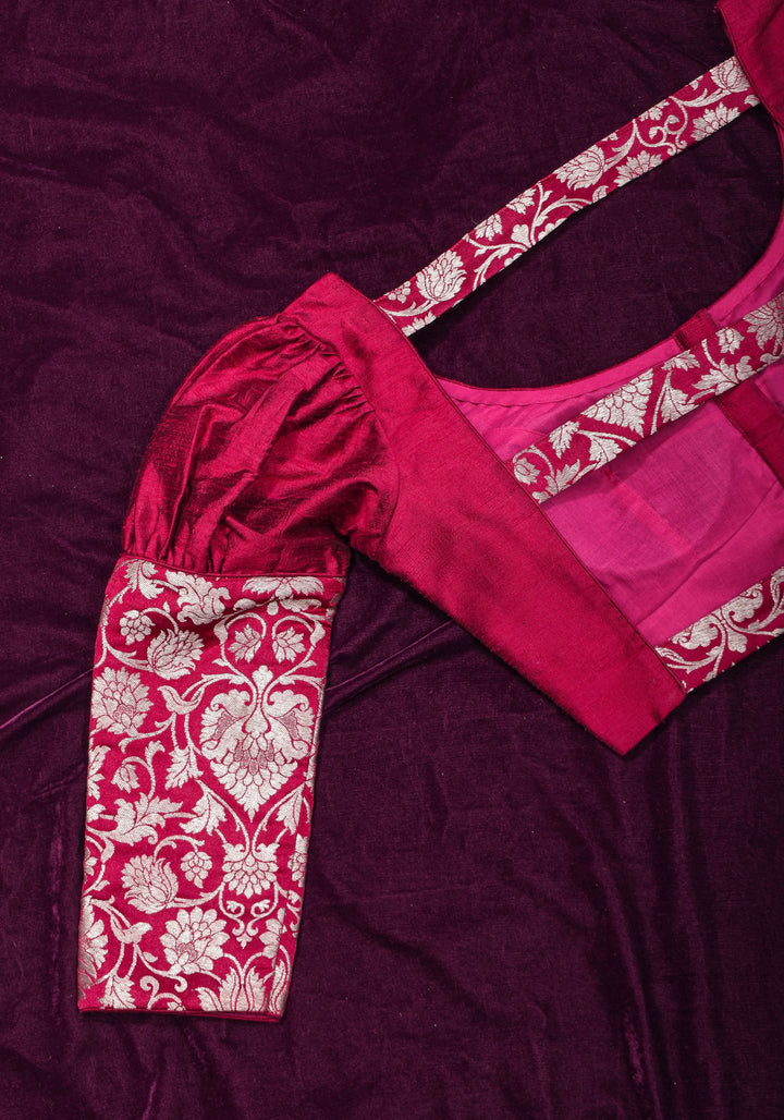 Made To Order: Magenta Pure Raw Silk Blouse with Puff Sleeves and Banarasi Brocade Detailing