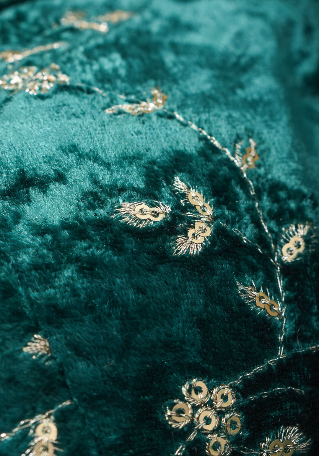 Rama green velvet with Antique Gold sequins Arch Neck blouse, Made to Order