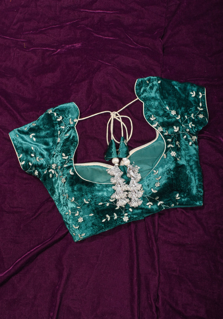 Rama green velvet with Antique Gold sequins Arch Neck blouse, Made to Order