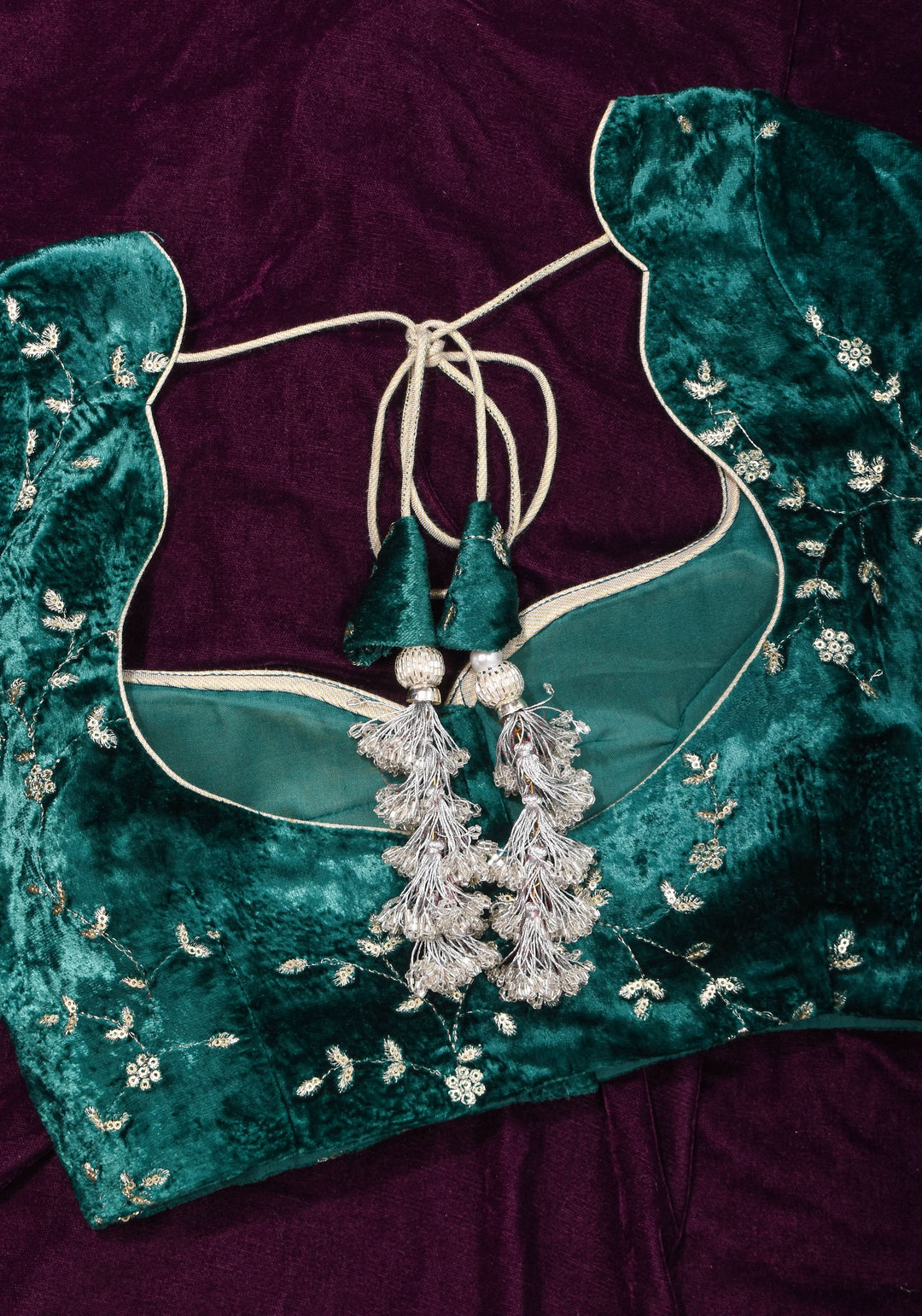 Rama green velvet with Antique Gold sequins Arch Neck blouse, Made to Order