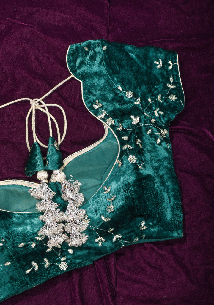 Rama green velvet with Antique Gold sequins Arch Neck blouse, Made to Order