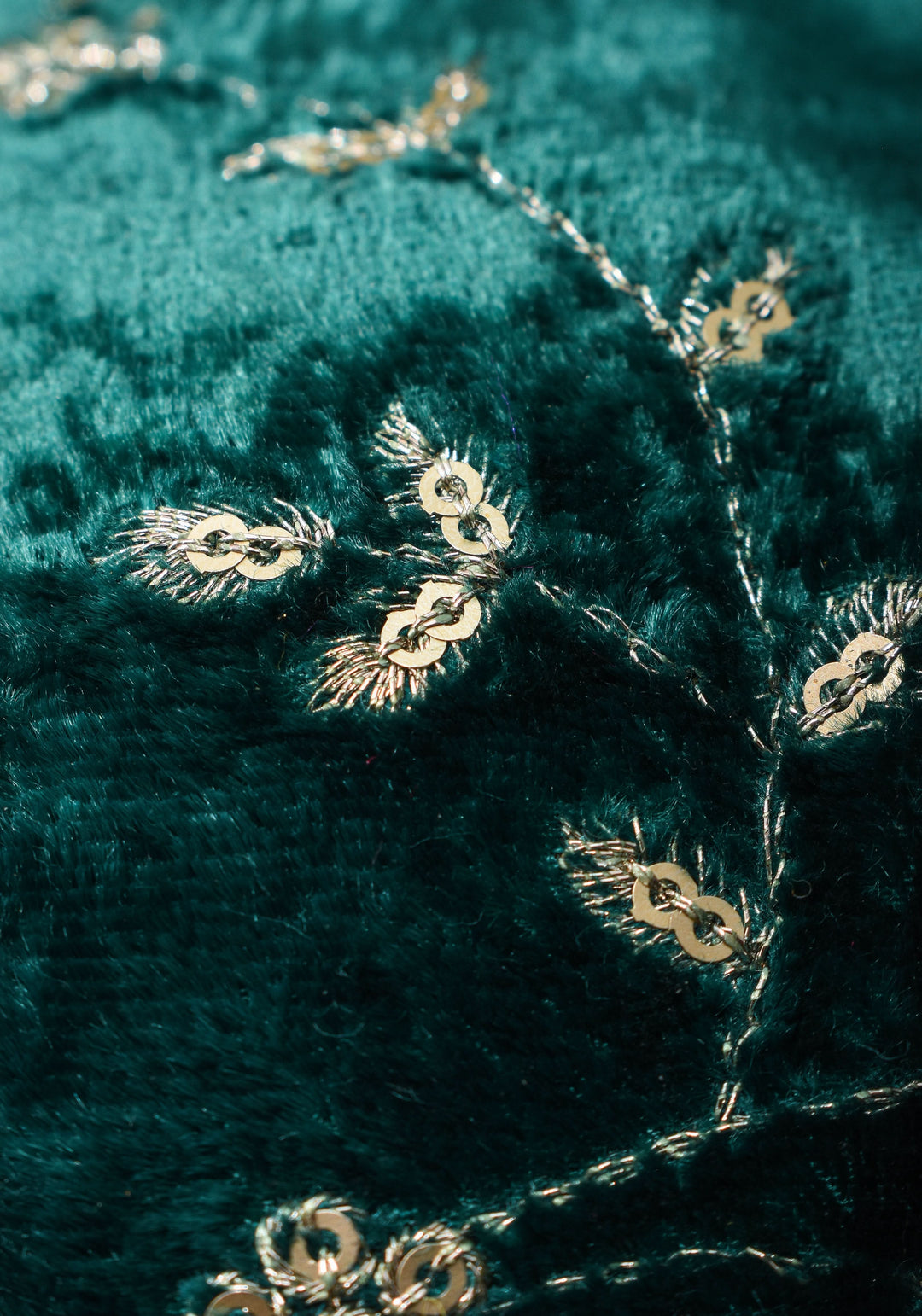 Rama green velvet with Antique Gold sequins Arch Neck blouse, Made to Order