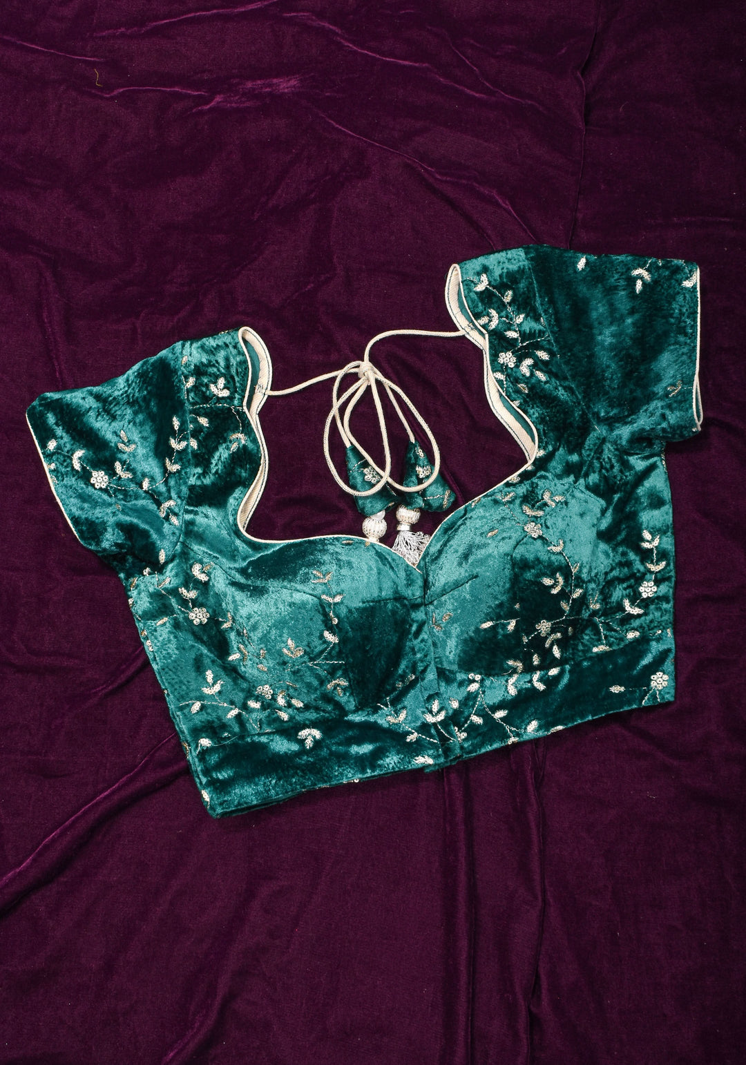 Rama green velvet with Antique Gold sequins Arch Neck blouse, Made to Order