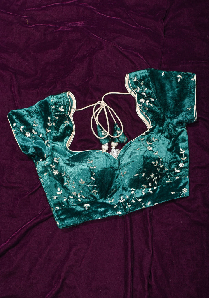 Rama green velvet with Antique Gold sequins Arch Neck blouse, Made to Order