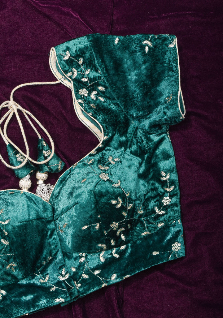 Rama green velvet with Antique Gold sequins Arch Neck blouse, Made to Order