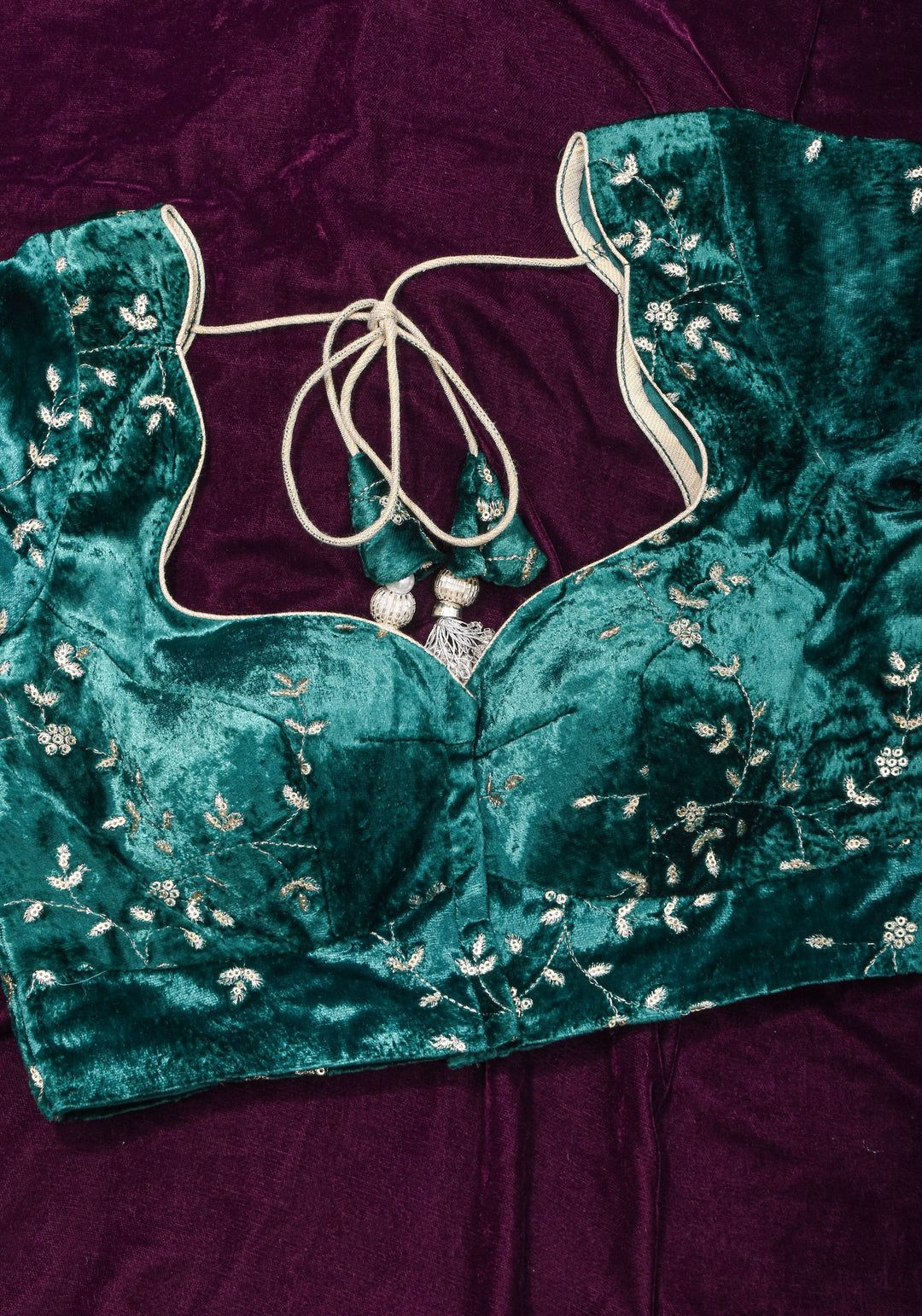 Rama green velvet with Antique Gold sequins Arch Neck blouse, Made to Order