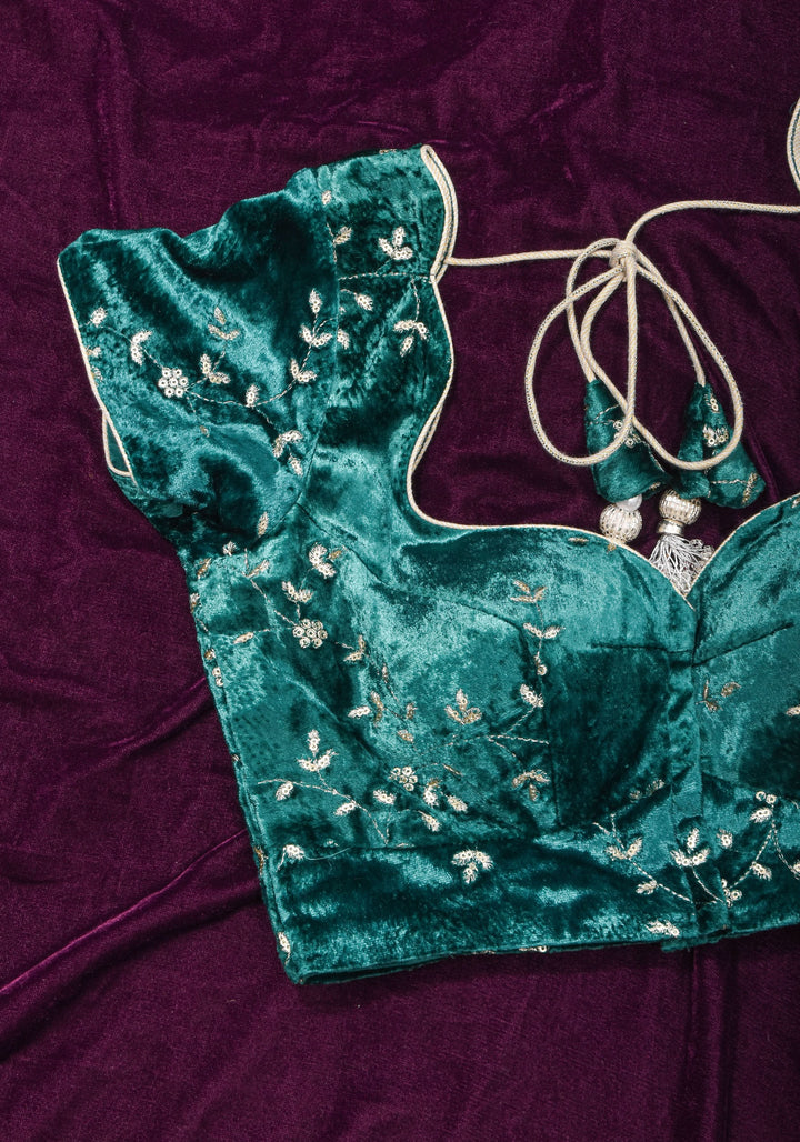 Rama green velvet with Antique Gold sequins Arch Neck blouse, Made to Order