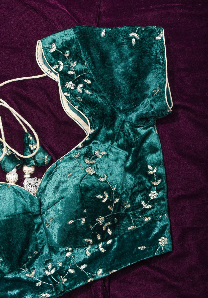 Rama green velvet with Antique Gold sequins Arch Neck blouse, Made to Order