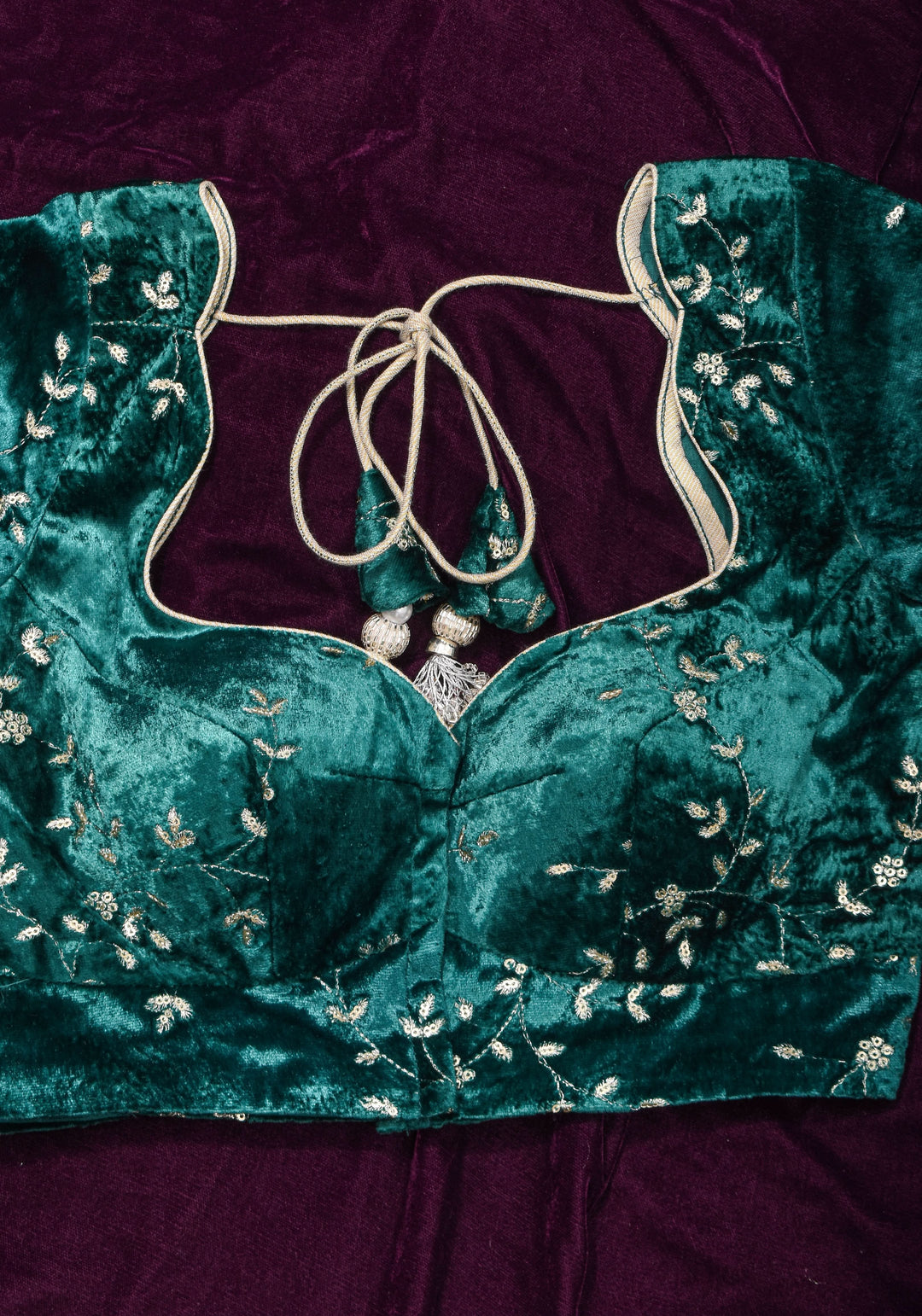 Rama green velvet with Antique Gold sequins Arch Neck blouse, Made to Order