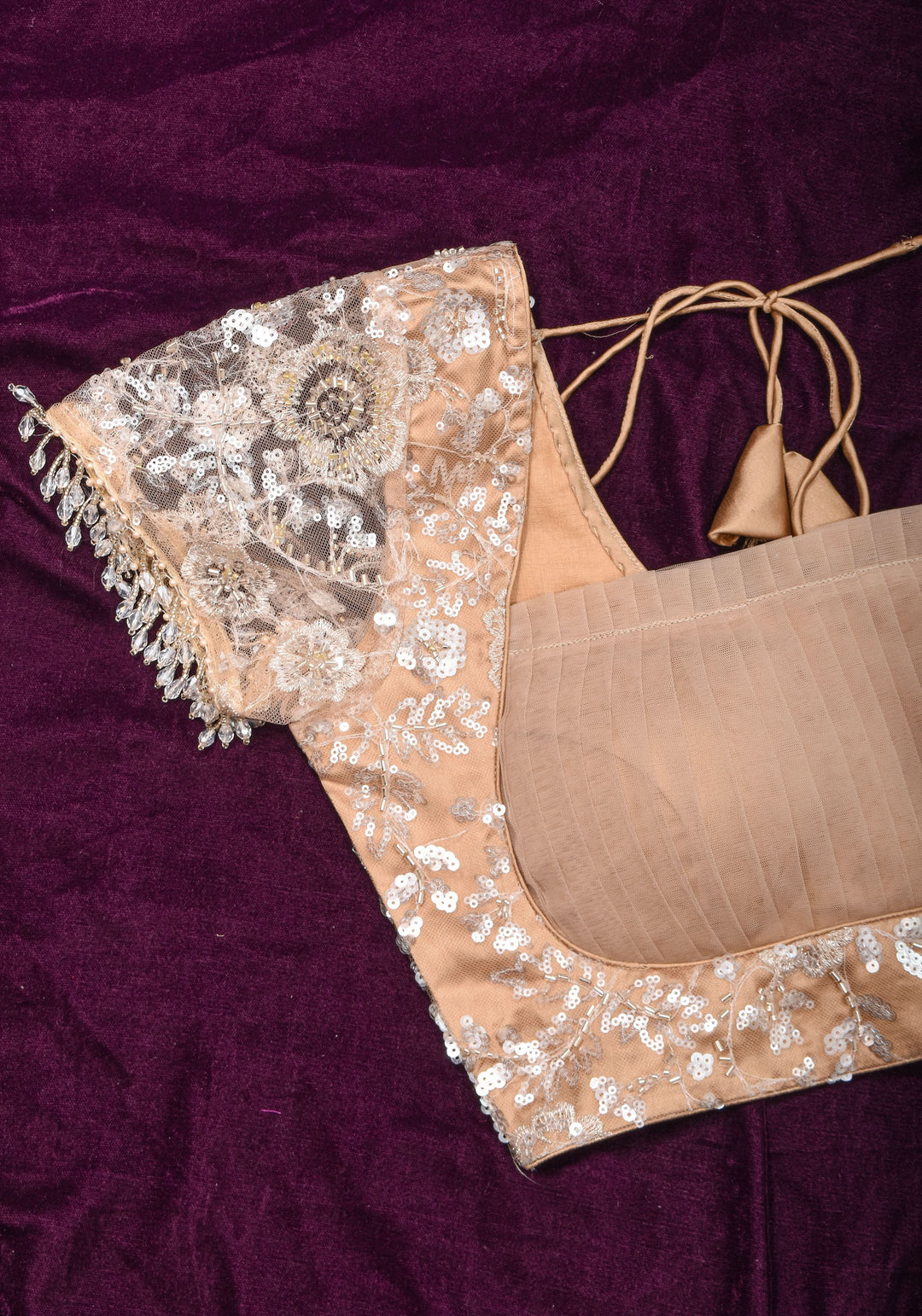 Made To Order: Corset Style Biscuit Color Sequin Blouse with pleated detailing