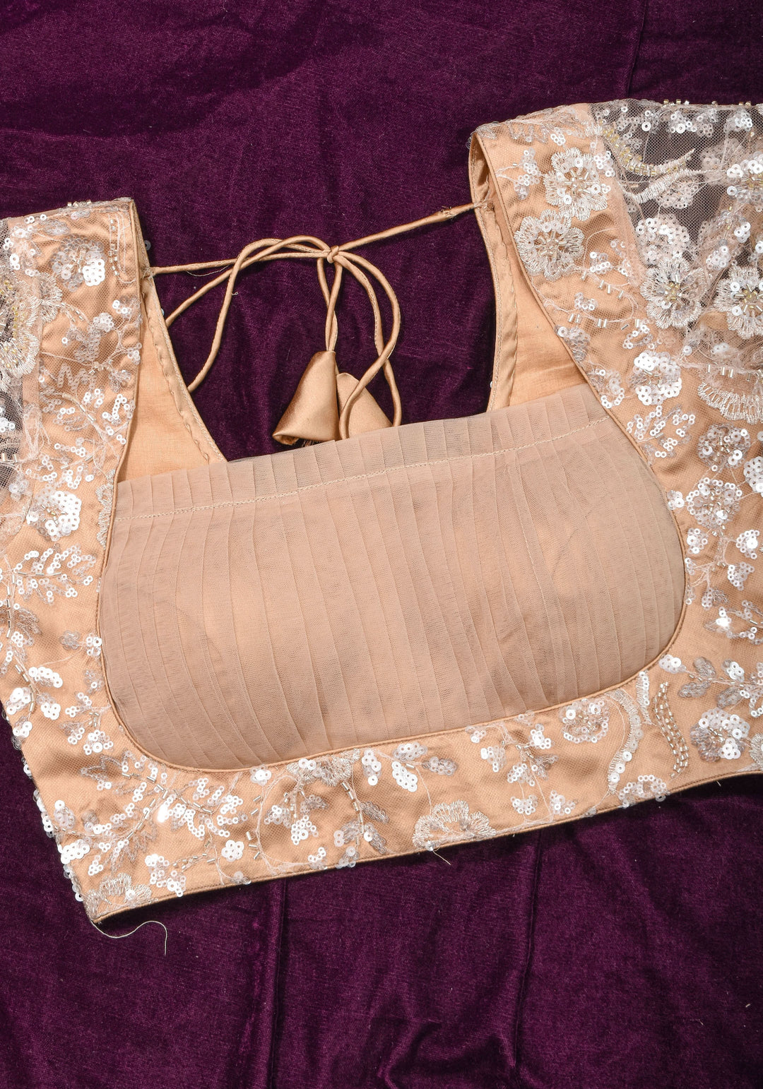 Made To Order: Corset Style Biscuit Color Sequin Blouse with pleated detailing