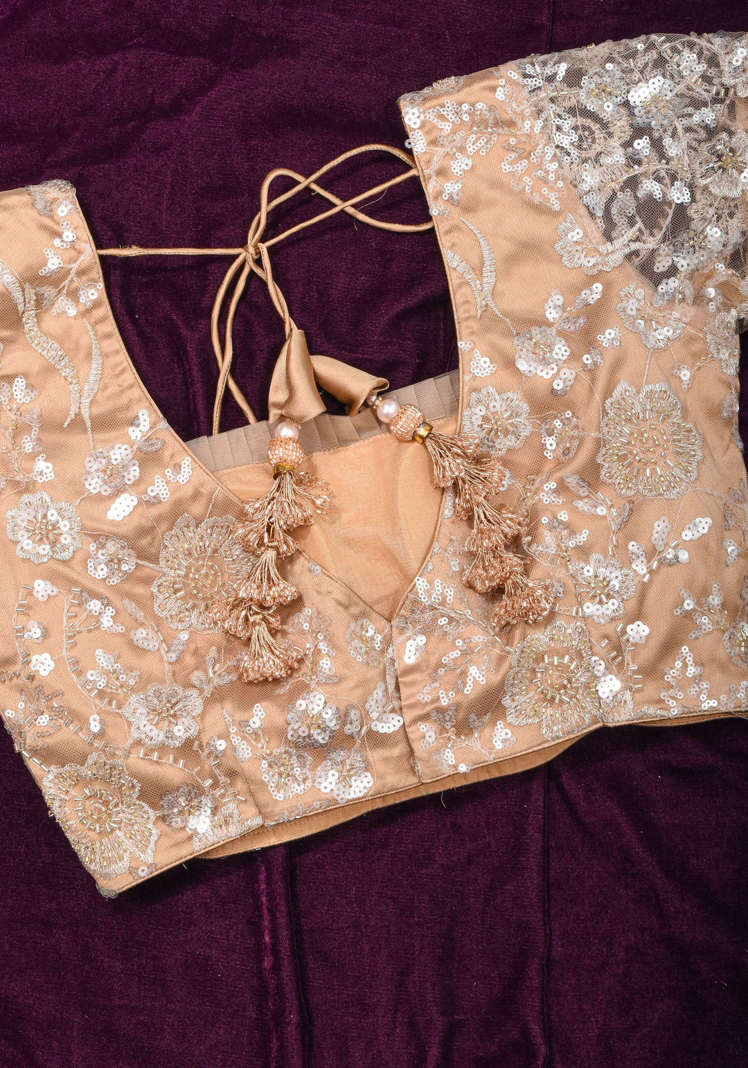 Made To Order: Corset Style Biscuit Color Sequin Blouse with pleated detailing