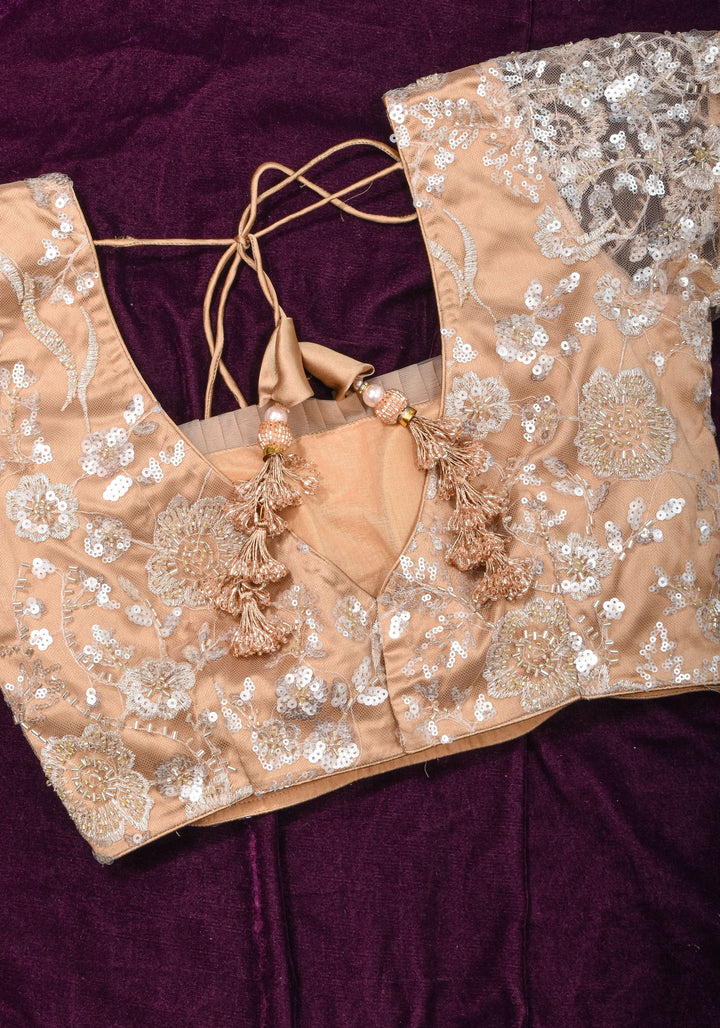 Made To Order: Corset Style Biscuit Color Sequin Blouse with pleated detailing