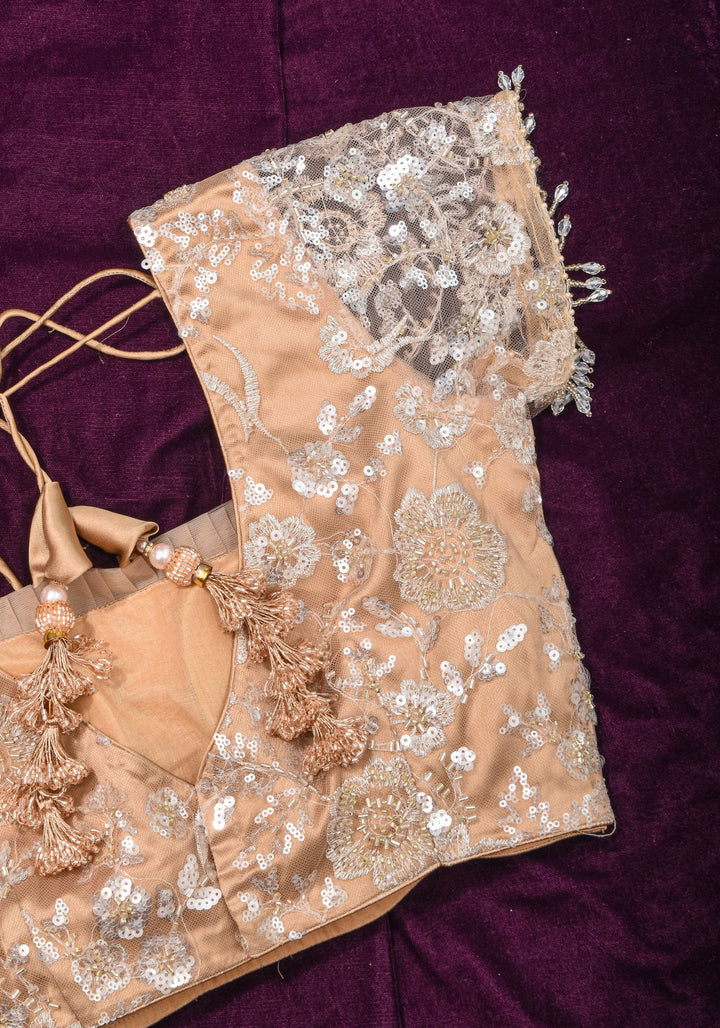 Made To Order: Corset Style Biscuit Color Sequin Blouse with pleated detailing