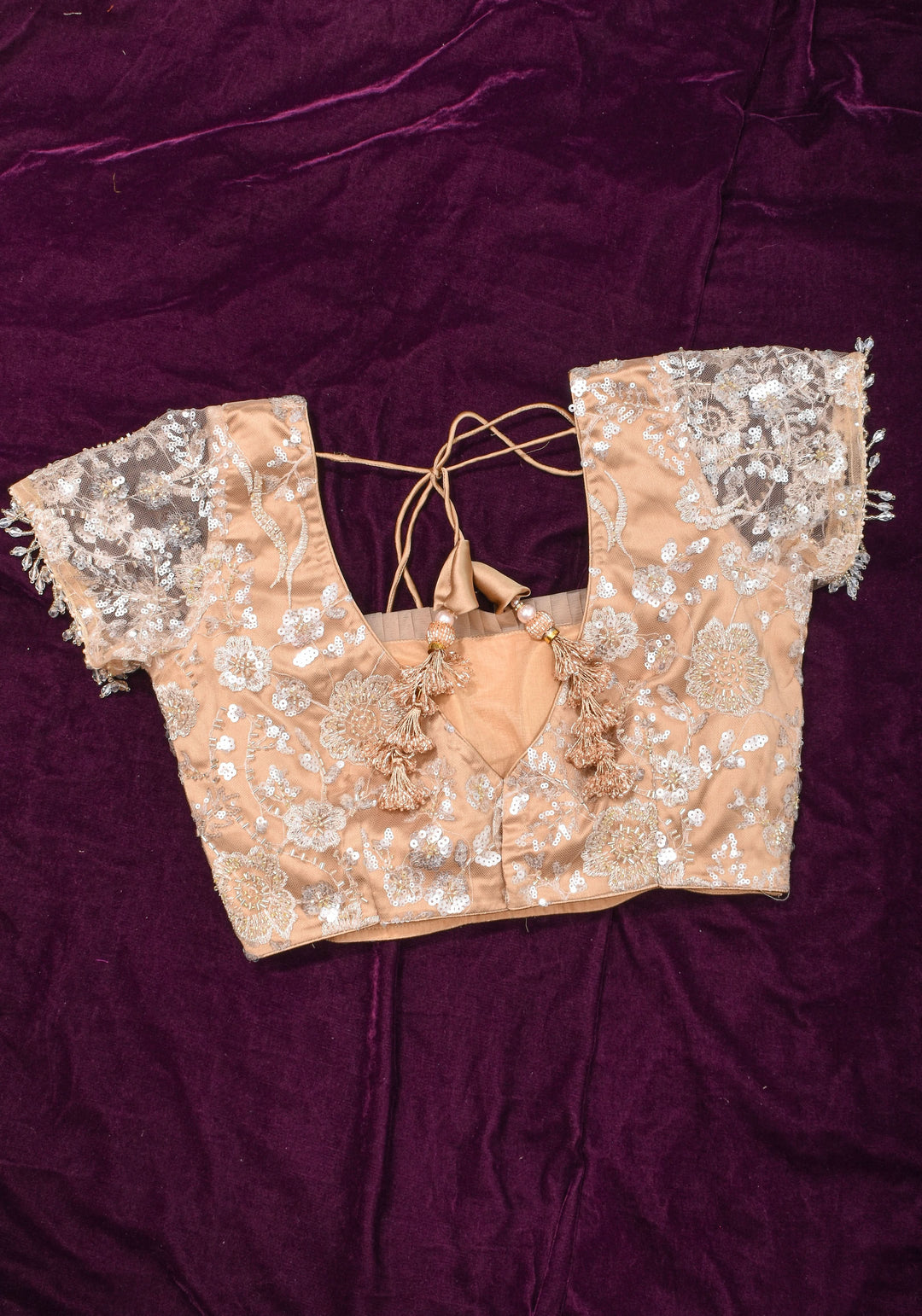 Made To Order: Corset Style Biscuit Color Sequin Blouse with pleated detailing