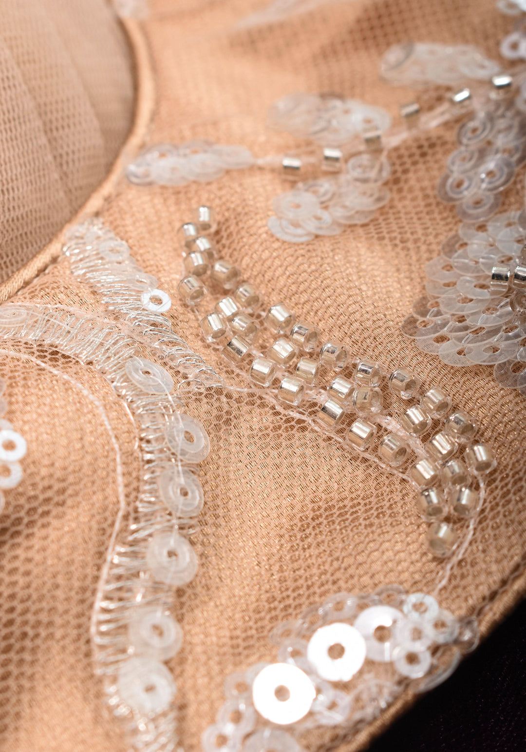 Made To Order: Corset Style Biscuit Color Sequin Blouse with pleated detailing