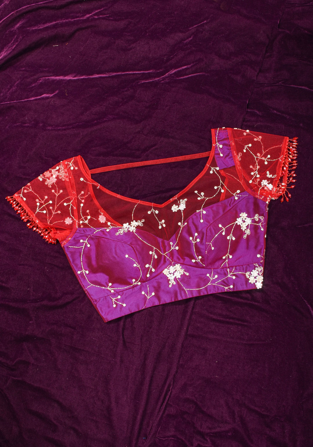 Purple and Red layered look blouse with beadwork embroidery, customizable, Made to Order | SHOBITAM