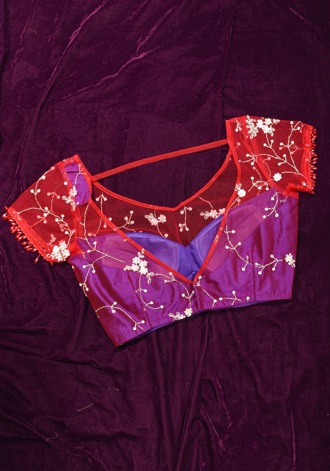 Purple and Red layered look blouse with beadwork embroidery, customizable, Made to Order | SHOBITAM