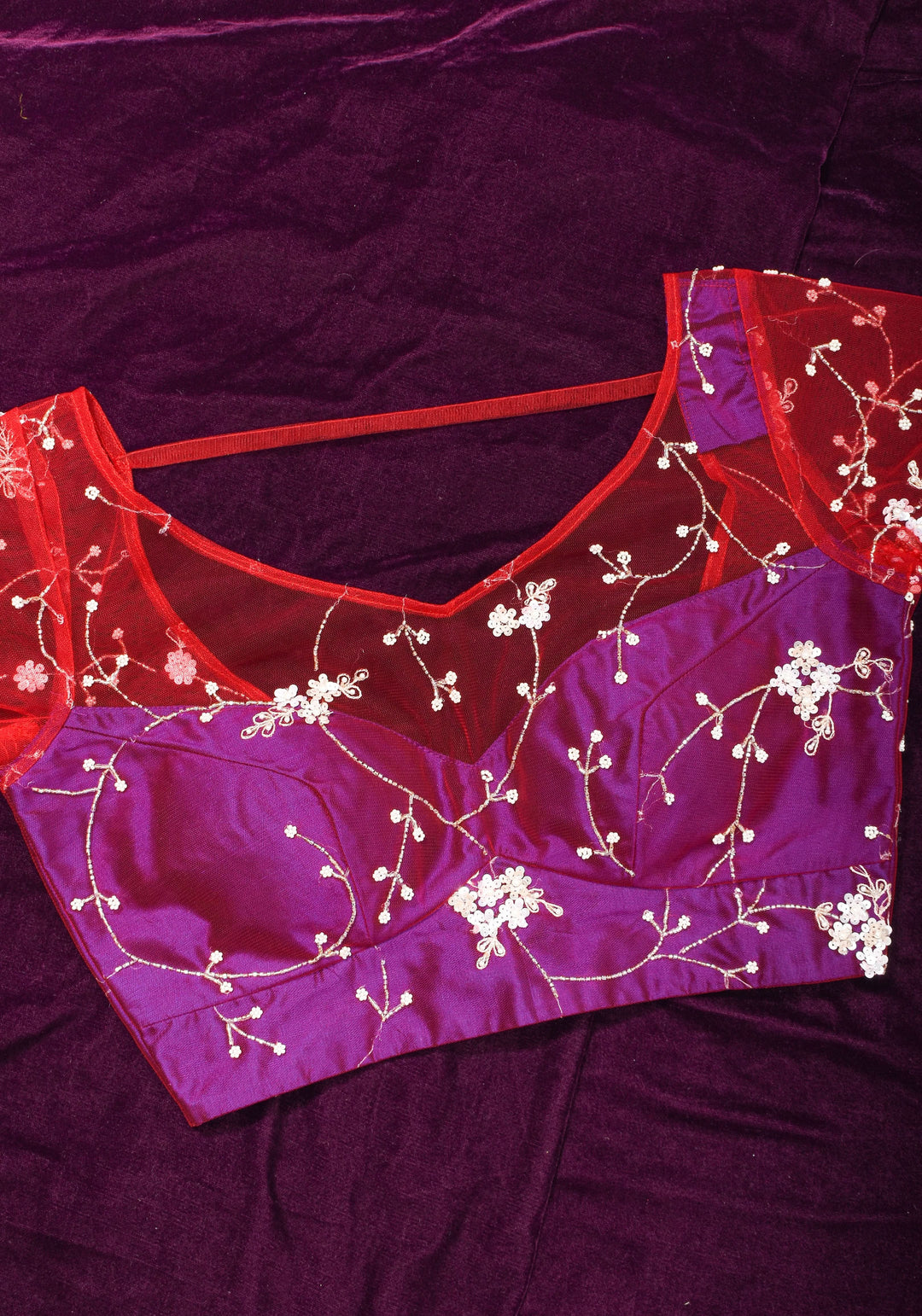 Purple and Red layered look blouse with beadwork embroidery, customizable, Made to Order | SHOBITAM