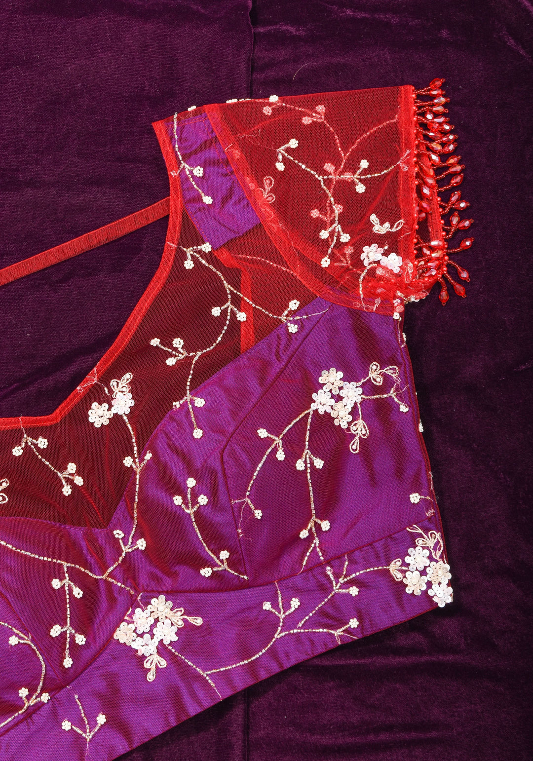 Purple and Red layered look blouse with beadwork embroidery, customizable, Made to Order | SHOBITAM