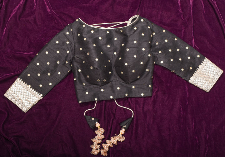 Black Pure raw silk blouse with mirror work,backless  design with gotta trim. Made to Order
