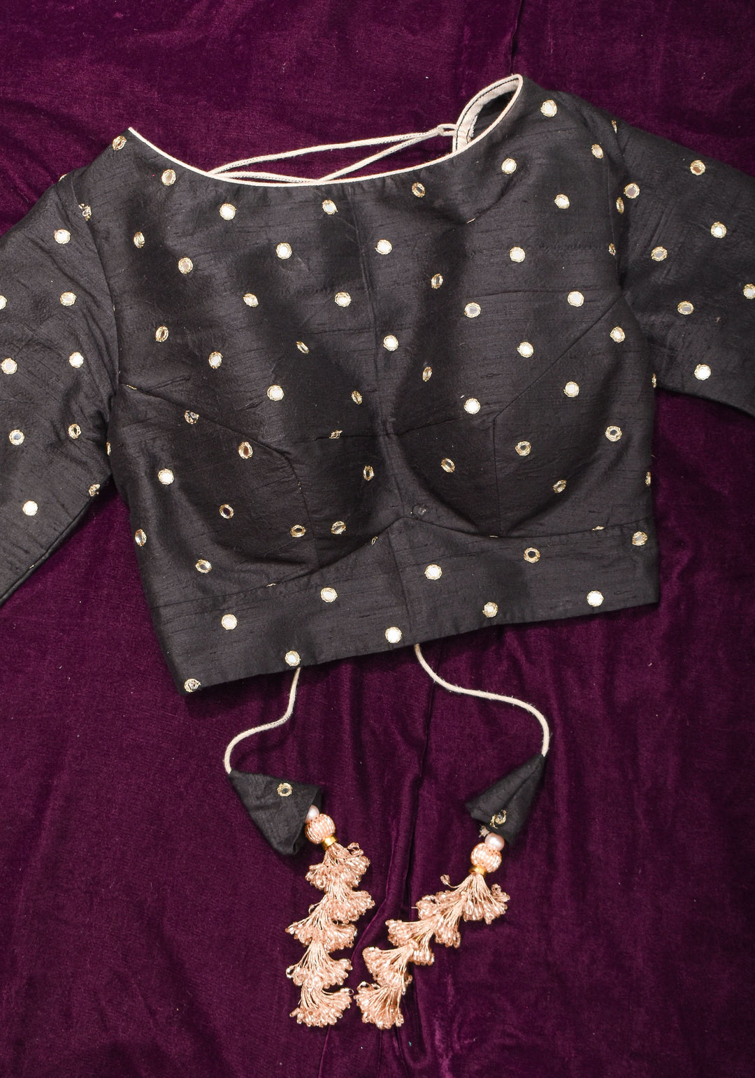 Black Pure raw silk blouse with mirror work,backless  design with gotta trim. Made to Order