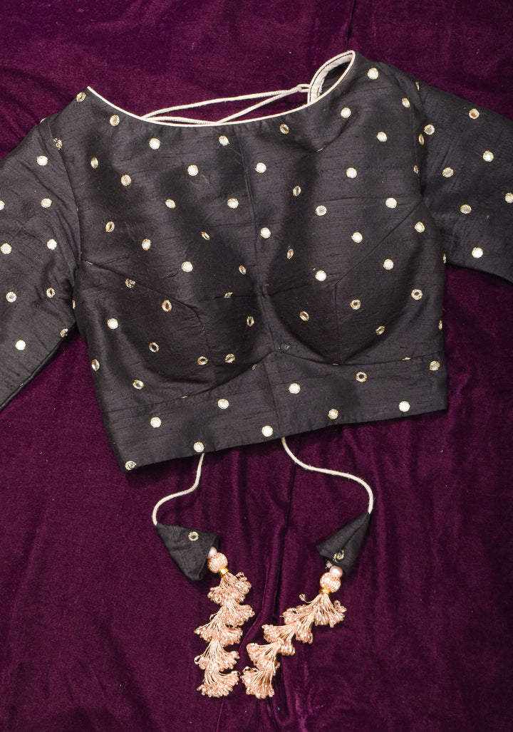 Black Pure raw silk blouse with mirror work,backless  design with gotta trim. Made to Order