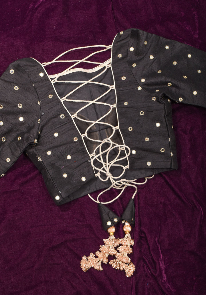 Black Pure raw silk blouse with mirror work,backless  design with gotta trim. Made to Order