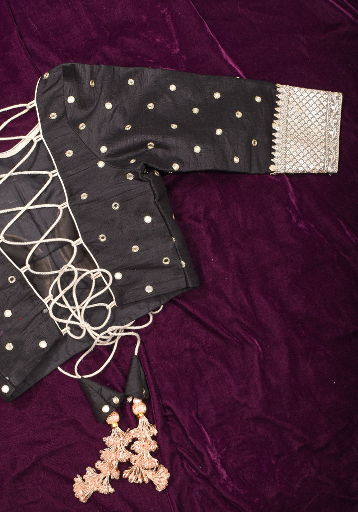 Black Pure raw silk blouse with mirror work,backless  design with gotta trim. Made to Order