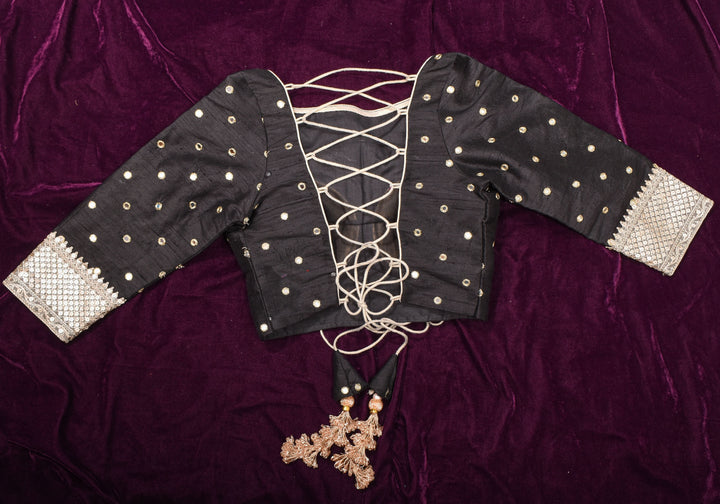 Black Pure raw silk blouse with mirror work,backless  design with gotta trim. Made to Order