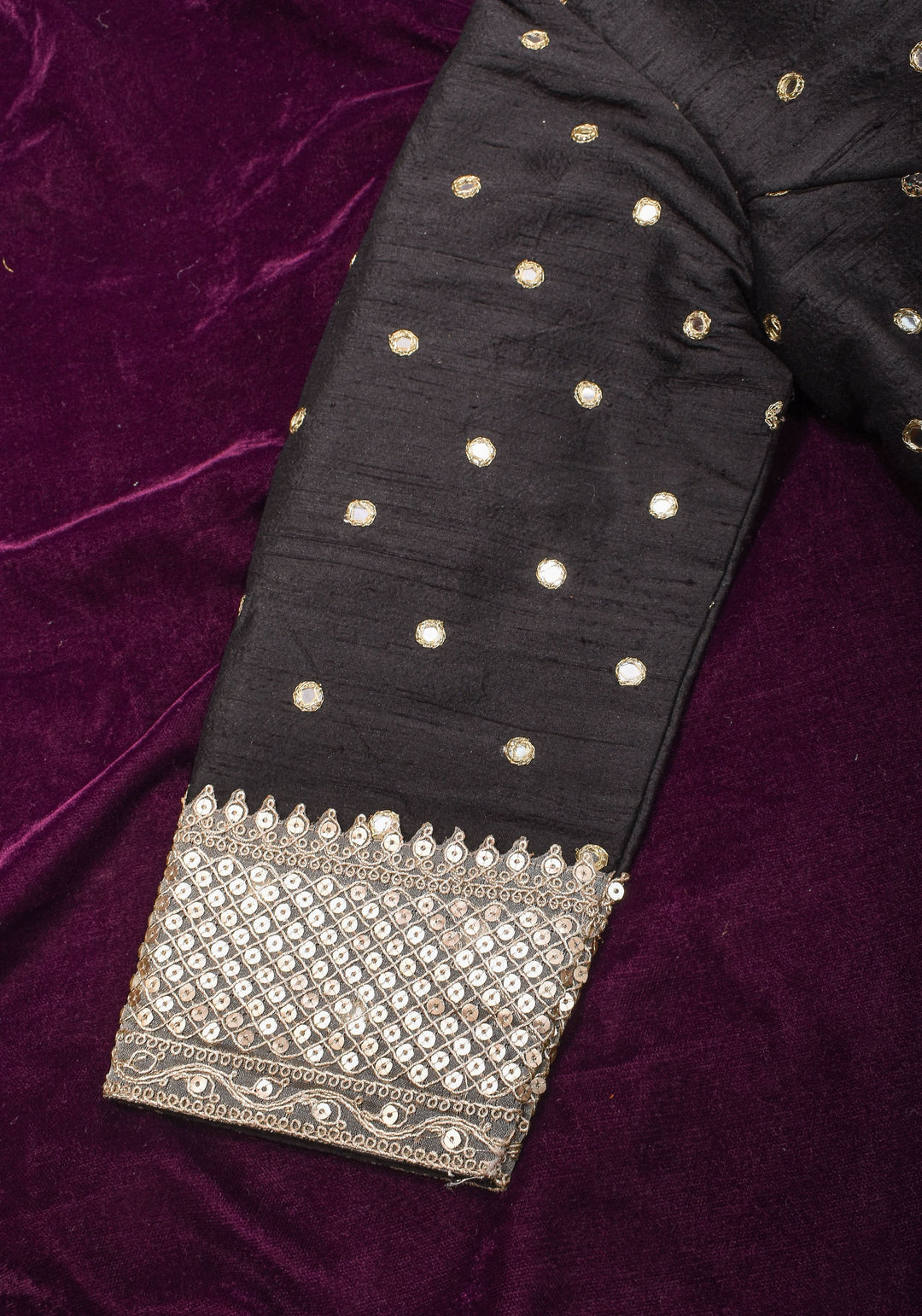 Black Pure raw silk blouse with mirror work,backless  design with gotta trim. Made to Order