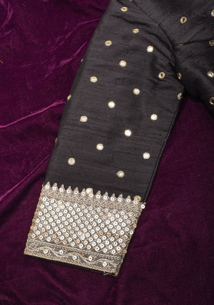 Black Pure raw silk blouse with mirror work,backless  design with gotta trim. Made to Order
