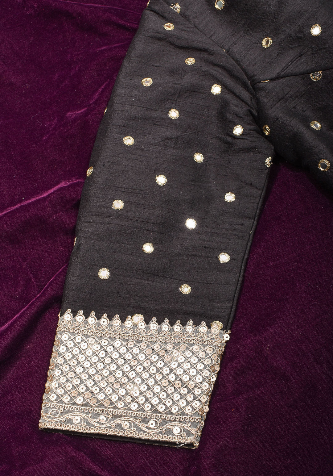 Black Pure raw silk blouse with mirror work,backless  design with gotta trim. Made to Order