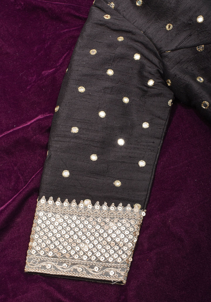 Black Pure raw silk blouse with mirror work,backless  design with gotta trim. Made to Order