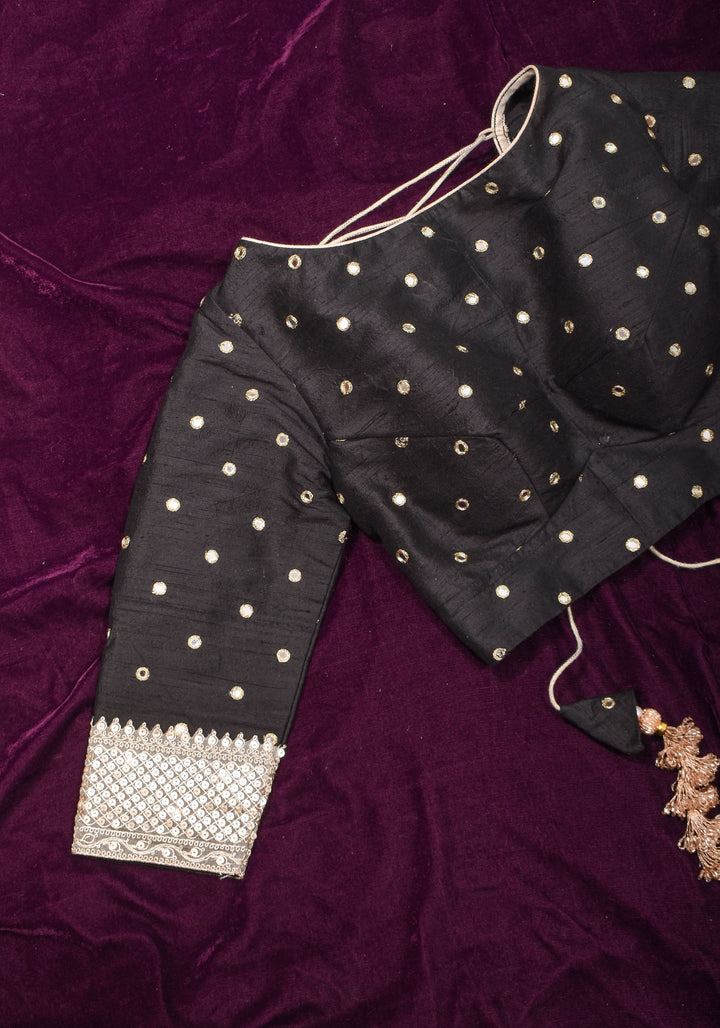 Black Pure raw silk blouse with mirror work,backless  design with gotta trim. Made to Order