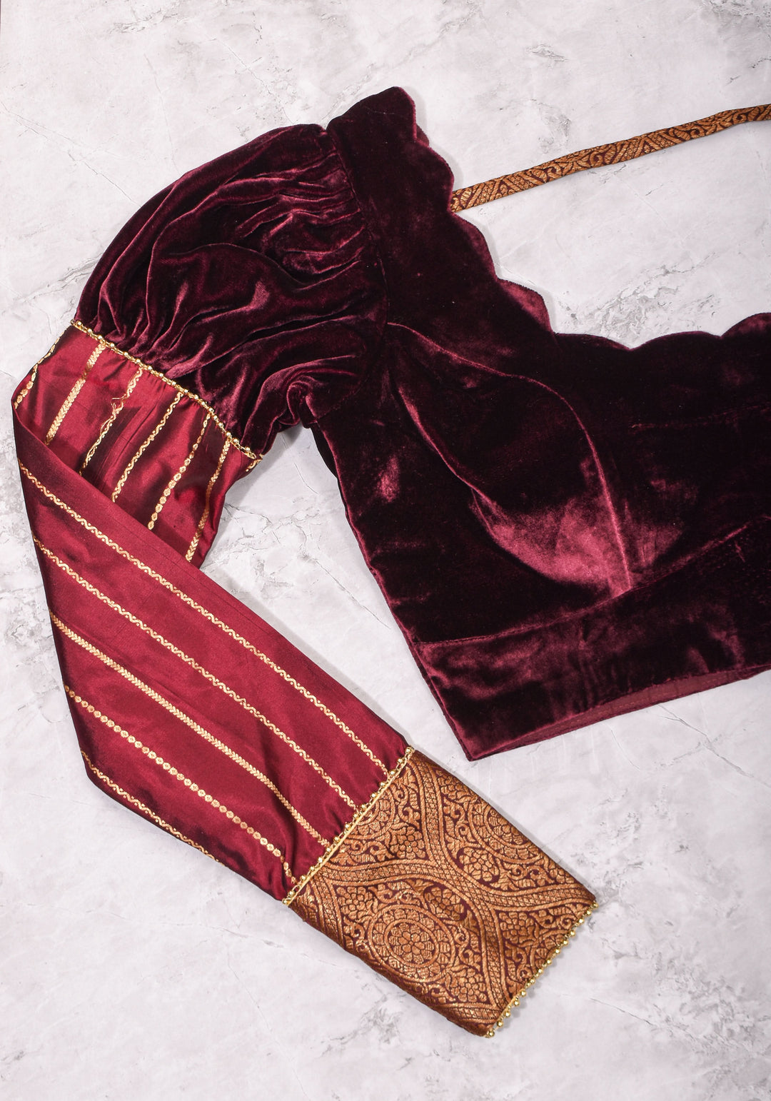 Made To Order: Pure Silk Velvet Scallop neck blouse with pure silk sleevs puff detailing