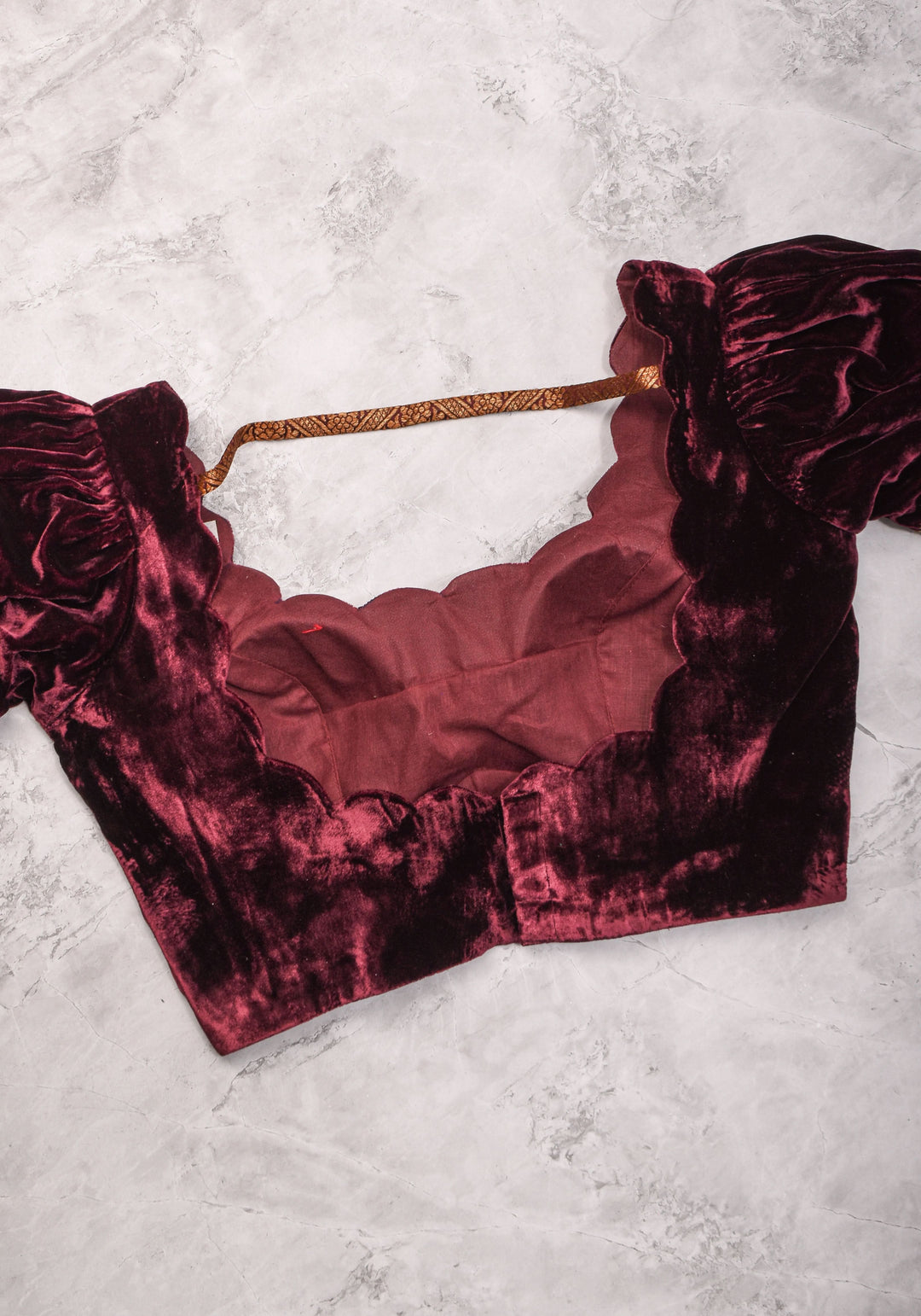 Made To Order: Pure Silk Velvet Scallop neck blouse with pure silk sleevs puff detailing
