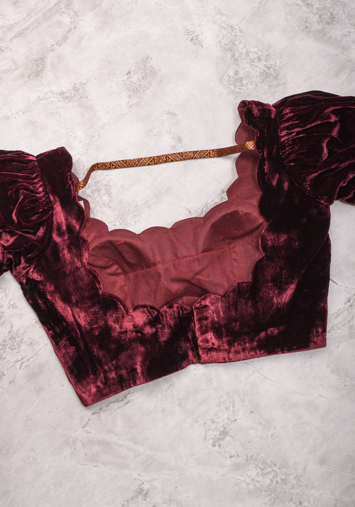 Made To Order: Pure Silk Velvet Scallop neck blouse with pure silk sleevs puff detailing