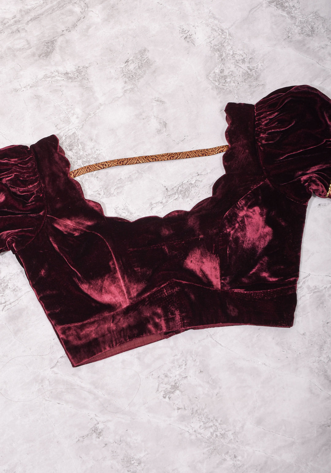 Made To Order: Pure Silk Velvet Scallop neck blouse with pure silk sleevs puff detailing