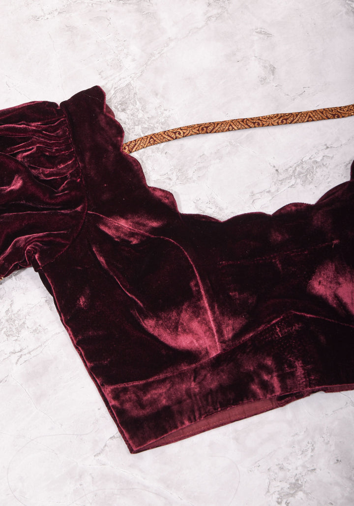 Made To Order: Pure Silk Velvet Scallop neck blouse with pure silk sleevs puff detailing
