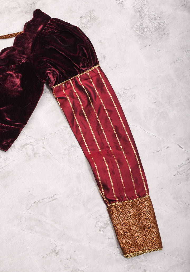 Made To Order: Pure Silk Velvet Scallop neck blouse with pure silk sleevs puff detailing