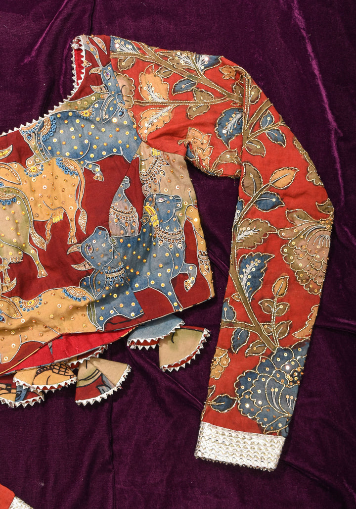 Exquisite Pen Kalamkari and Cutdana Handwork on Maroon Full Sleeve Blouse