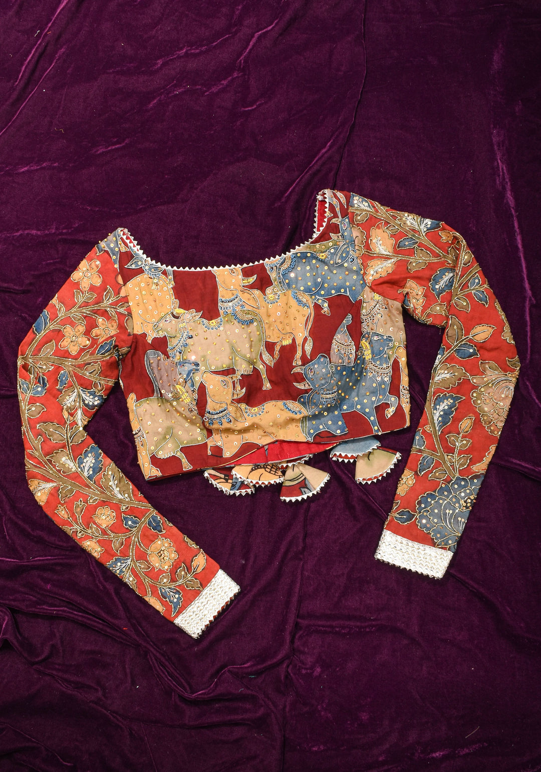 Exquisite Pen Kalamkari and Cutdana Handwork on Maroon Full Sleeve Blouse