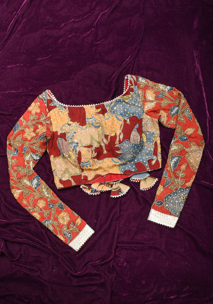 Exquisite Pen Kalamkari and Cutdana Handwork on Maroon Full Sleeve Blouse