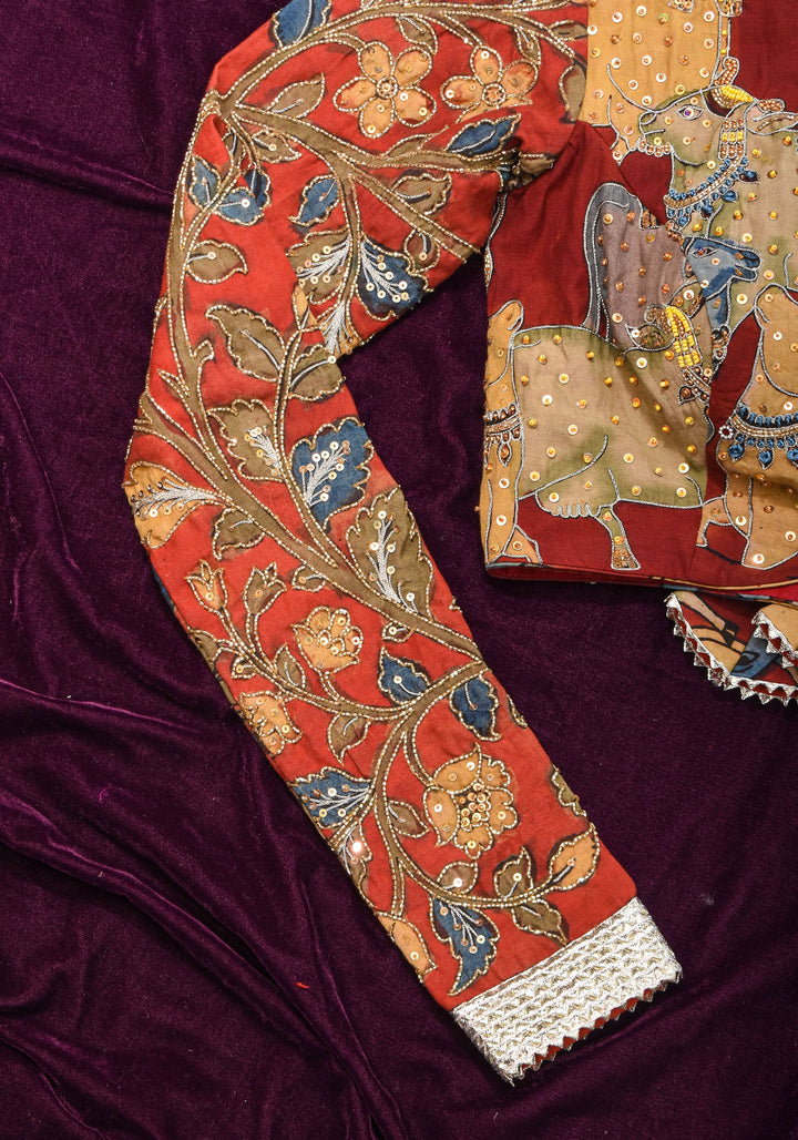 Exquisite Pen Kalamkari and Cutdana Handwork on Maroon Full Sleeve Blouse